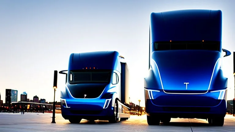 A Tesla semi-truck is parked, on the Navy Pier, in Chicago. CINEMATIC. WIDE ANGLE LENS. PHOTO REAL.