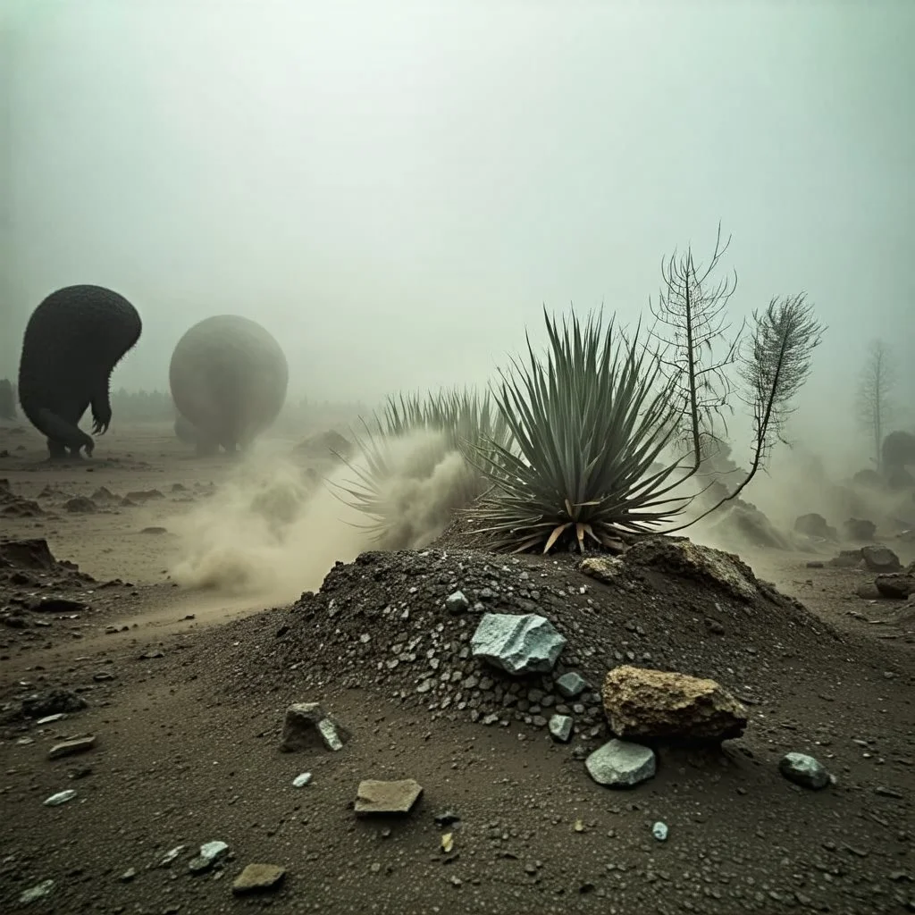 A striking quality Kodak photograph captures a wasteland with monsters and group of plants, creepy, details of the dust very accentuated, glossy organic mass, adorned with minerals and rocks. Bathed in intense light, eerie, Max Ernst style, black sun, fog