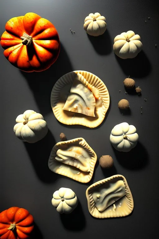 Cooking photo of Raviolis with truffle and pumpkin flying, olive oil, moisture, art, natural, ornaments, ceramic, marble, high kitchen, smooth, god rays, unreal engine 5, ray tracing, RTX, lumen lighting, ultra detail, volumetric lighting, 3d.