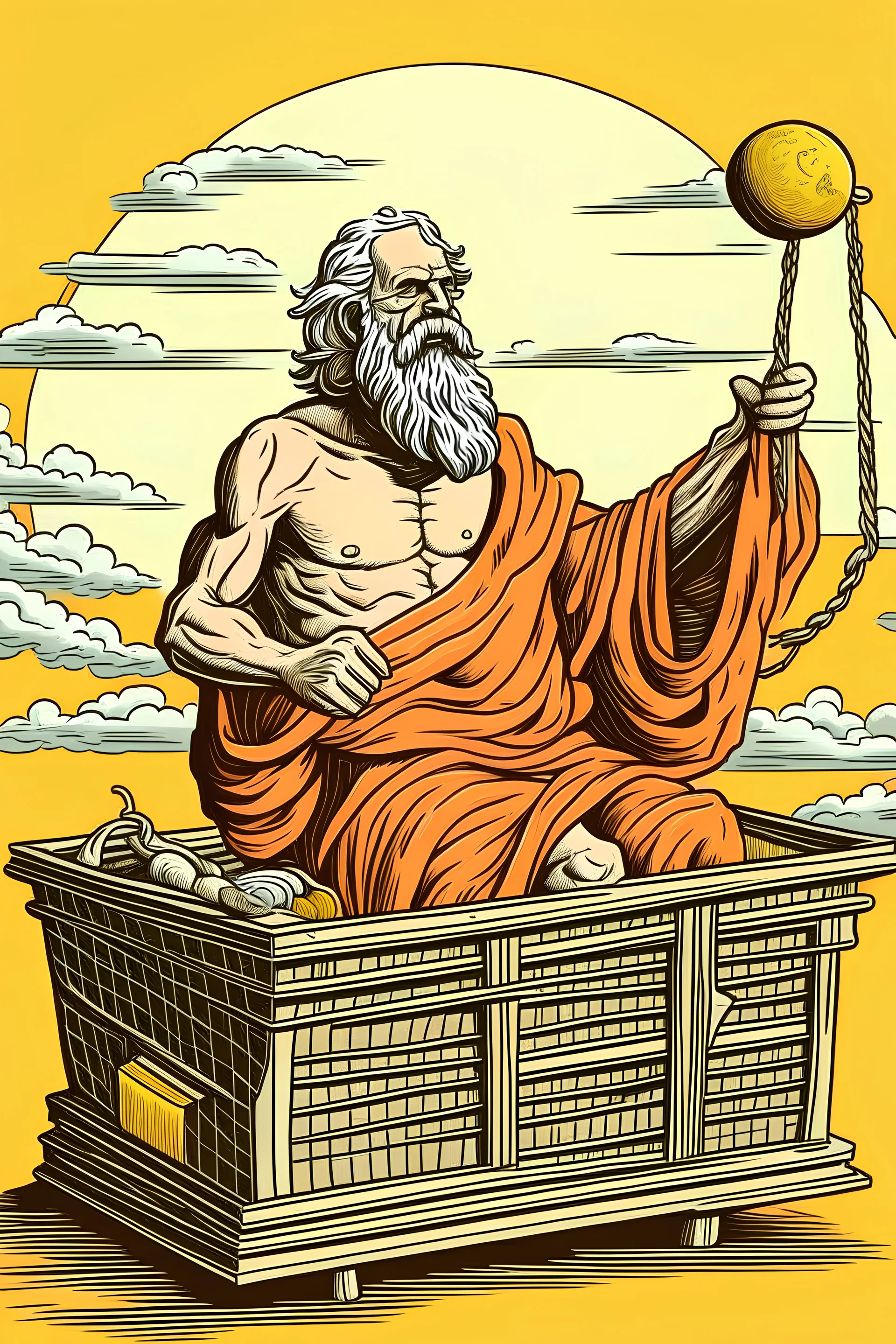 Man masked as Socrates hanging in a basket and toying with the sun