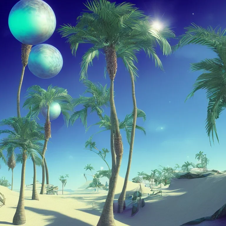 1980's aesthetic vaporwave palm trees with spheres and ufo