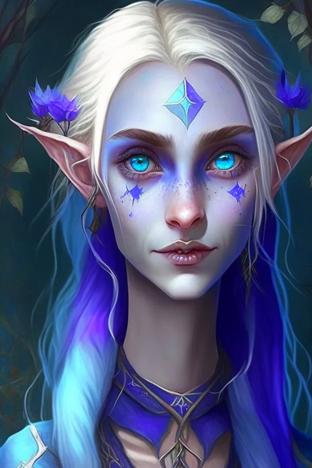 Zella, the youngest of the elven sisters, is the most beautiful. She has beautiful piercing blue eyes, and always has a mischievous smile. She shaves one side of her head. Her loose flowing clothes are a deep purplish hue. She magically summons small pale blue skulls all around her