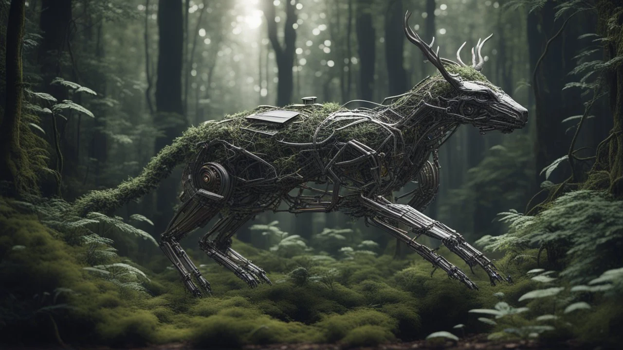 A dense forest where the trees and plants are made of sleek, metallic materials and intricate circuitry. Robotic animals roam among the foliage, their bodies covered in a mesh of wires and sensors that mimic natural forms, Ultra Realism, beautiful intricate insanely detailed octane render, 5d, 16k, artistic photography, natural volumetric perfect light, chiaroscuro, award-winning photograph, masterpiece, rule of thirds, 80mm lens, adjust perspective