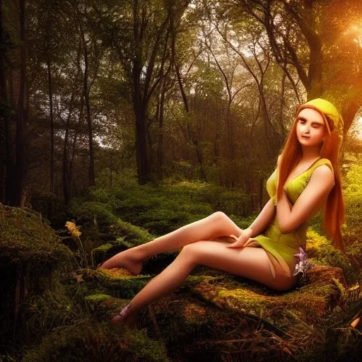 a beautiful elf woman relaxing in a fantasy forest at sunset