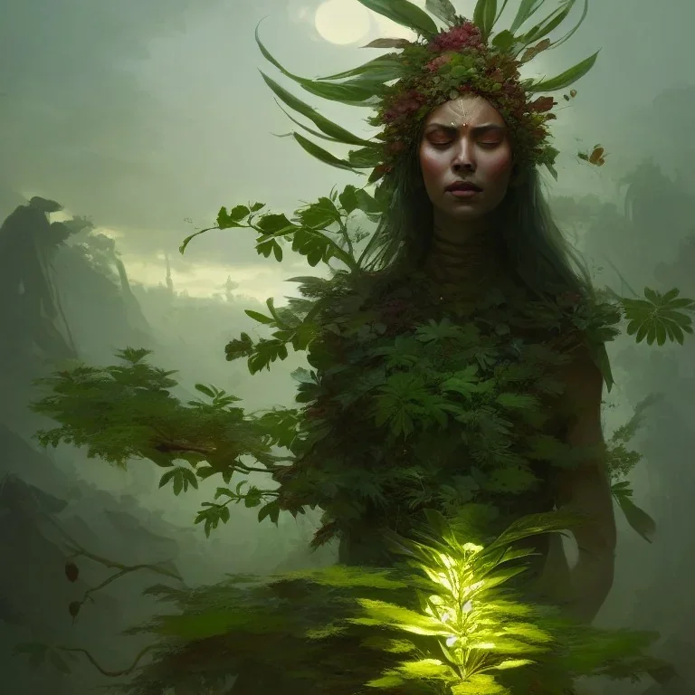 a beautiful portrait of a plant goddess with closed eyes by Greg Rutkowski and Raymond Swanland, Trending on Artstation, ultra realistic digital art