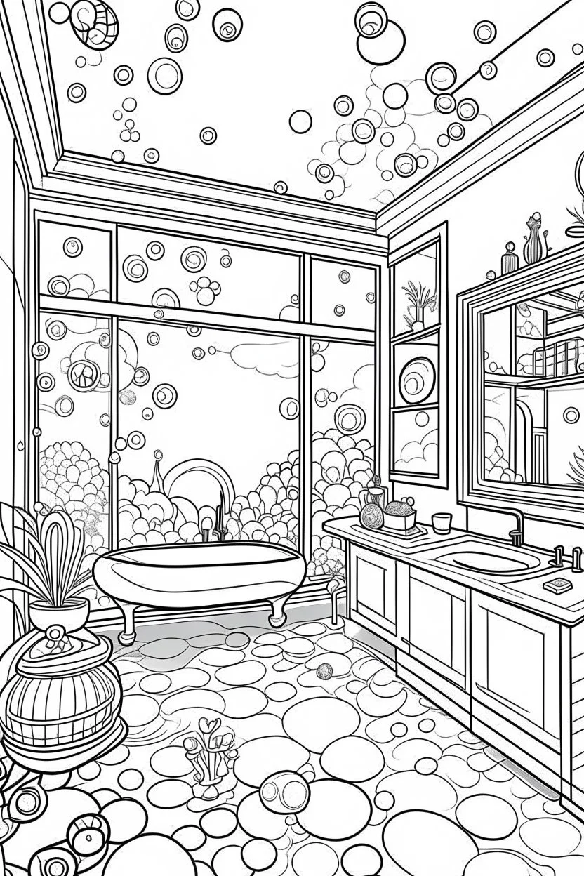 coloring pages for kids, Angela's Beauty Salon, room with windows, with door, written around 3D colorful flowers inside bubbles, hearts, stars, fluffy, photo, typography, fashion, cinematic, 3d rendering, in pink tones.. cartoon style, thick lines, low detail, black and white, no shading, --ar 85:110