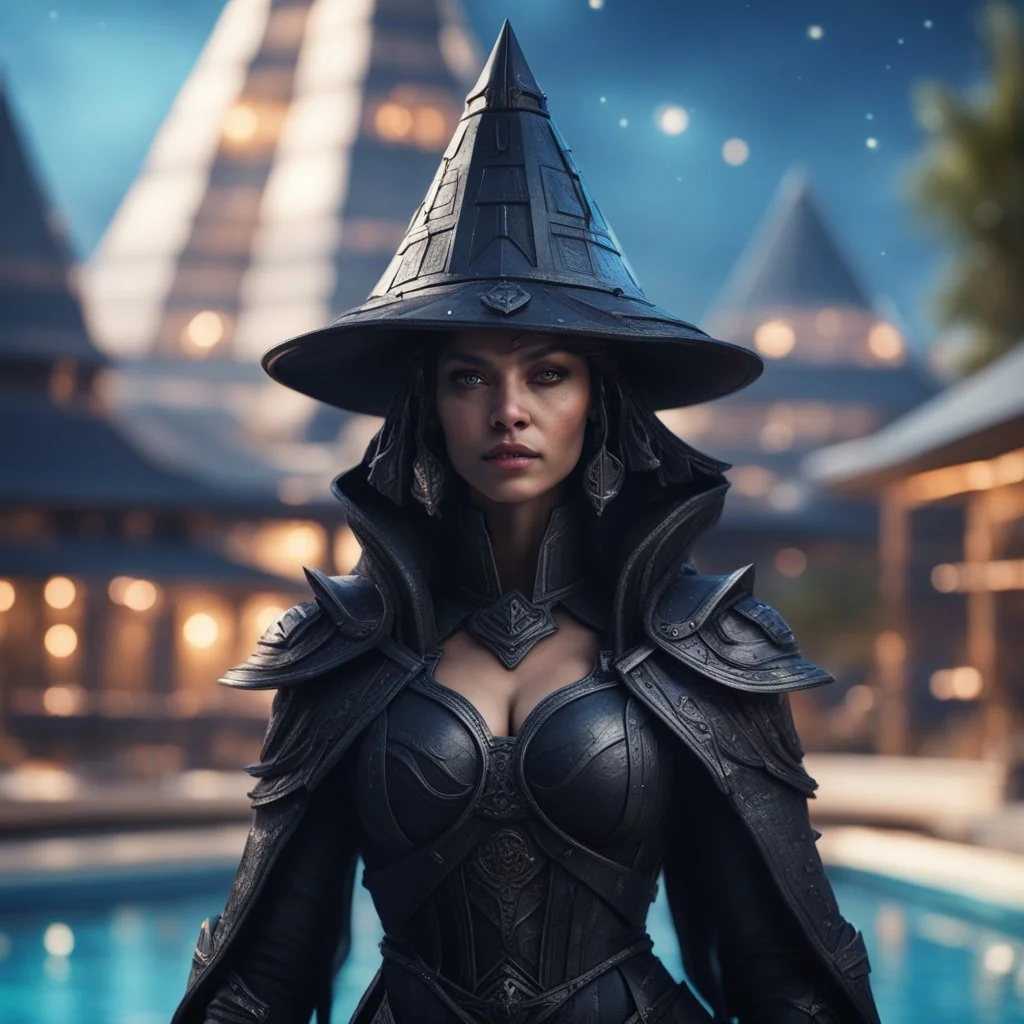 pen outline, layered, portrait of dark space witch hunter with strong gaze, by the pool, pool contains floating pyramid star ship of extreme complexity and beauty,bokeh like f/0.8, tilt-shift lens 8k, high detail, smooth render, down-light, unreal engine