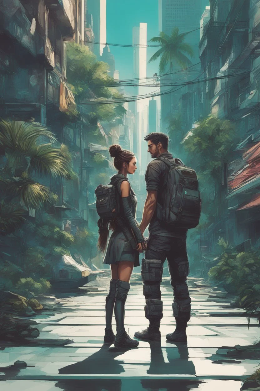 Science fiction, cyberpunk, city street, couple girl and guy, together, love at first sight, forbidden love, facing camera , tropical, lush