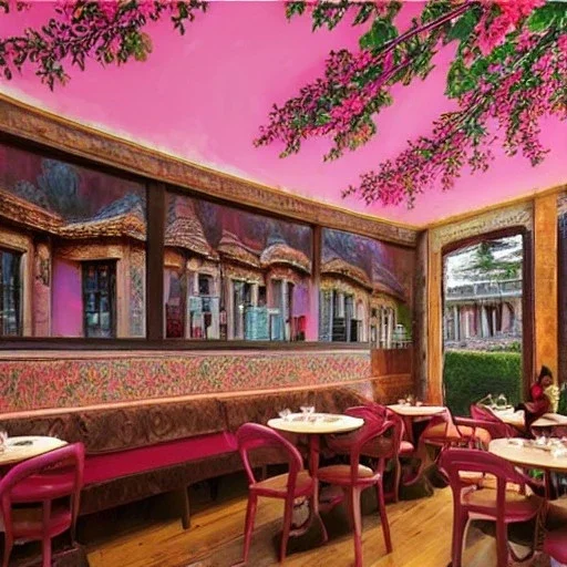 A Epic tree carved into beautiful cafe, masterpiece , art by jorge pardo, photorealistic, pinkish color, meditative vibe, ornate, wide view