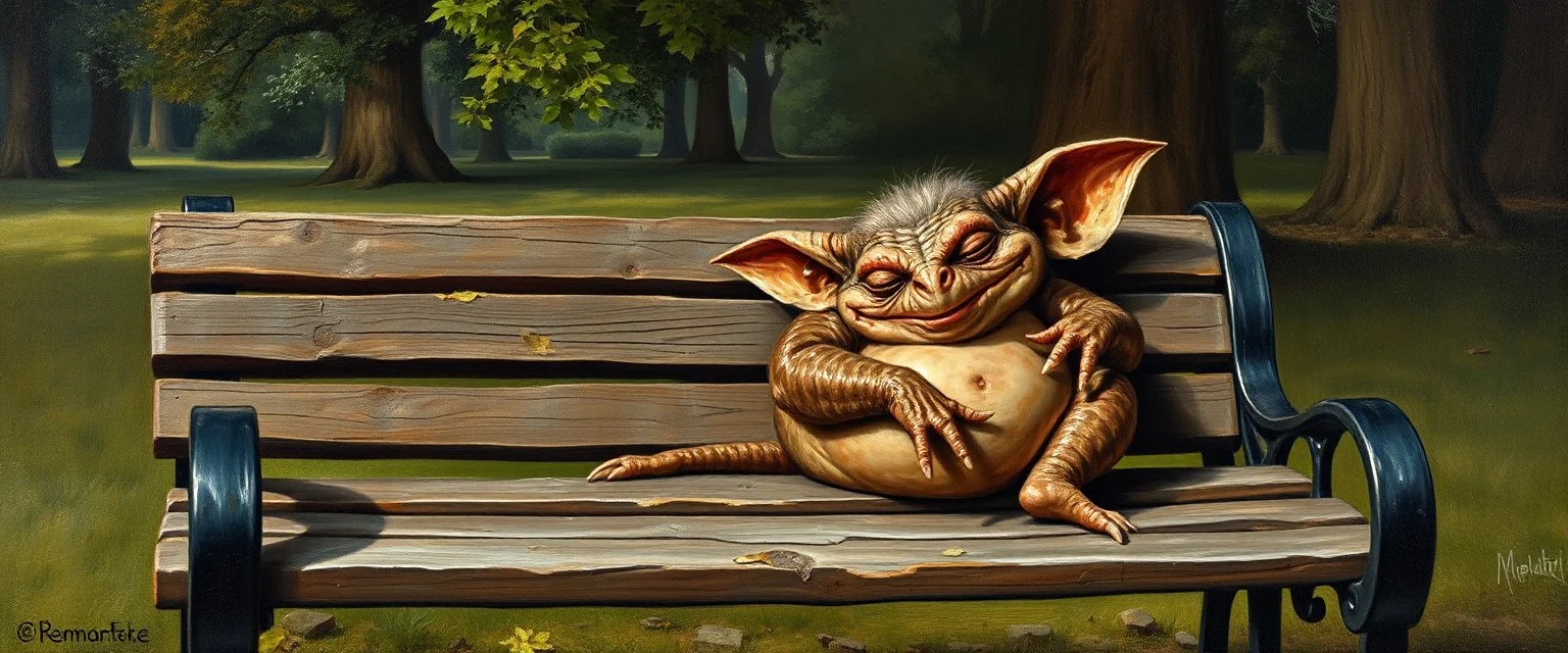 master oil painting by Rembrandt, fat kobold gremlin sleeping on a bench in the park