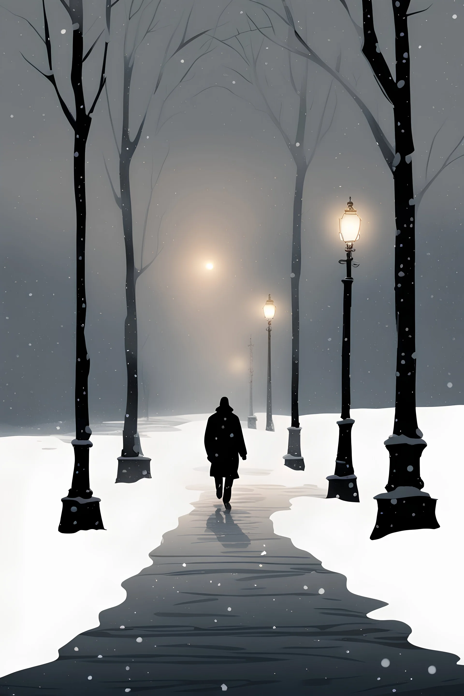 The image shows a dynamic moment of winter twilight. In the center of the composition is the dark silhouette of a lonely passerby, wrapped in warm clothes and walking through the snow falling in a white field. Soft light from the lanterns spreads around the hero’s figure, creating a cozy atmosphere of a winter evening. Falling snow emphasizes the depth and serenity of the moment, giving it a touch of magic. Intricate details. Hyperrealism. Minimalism