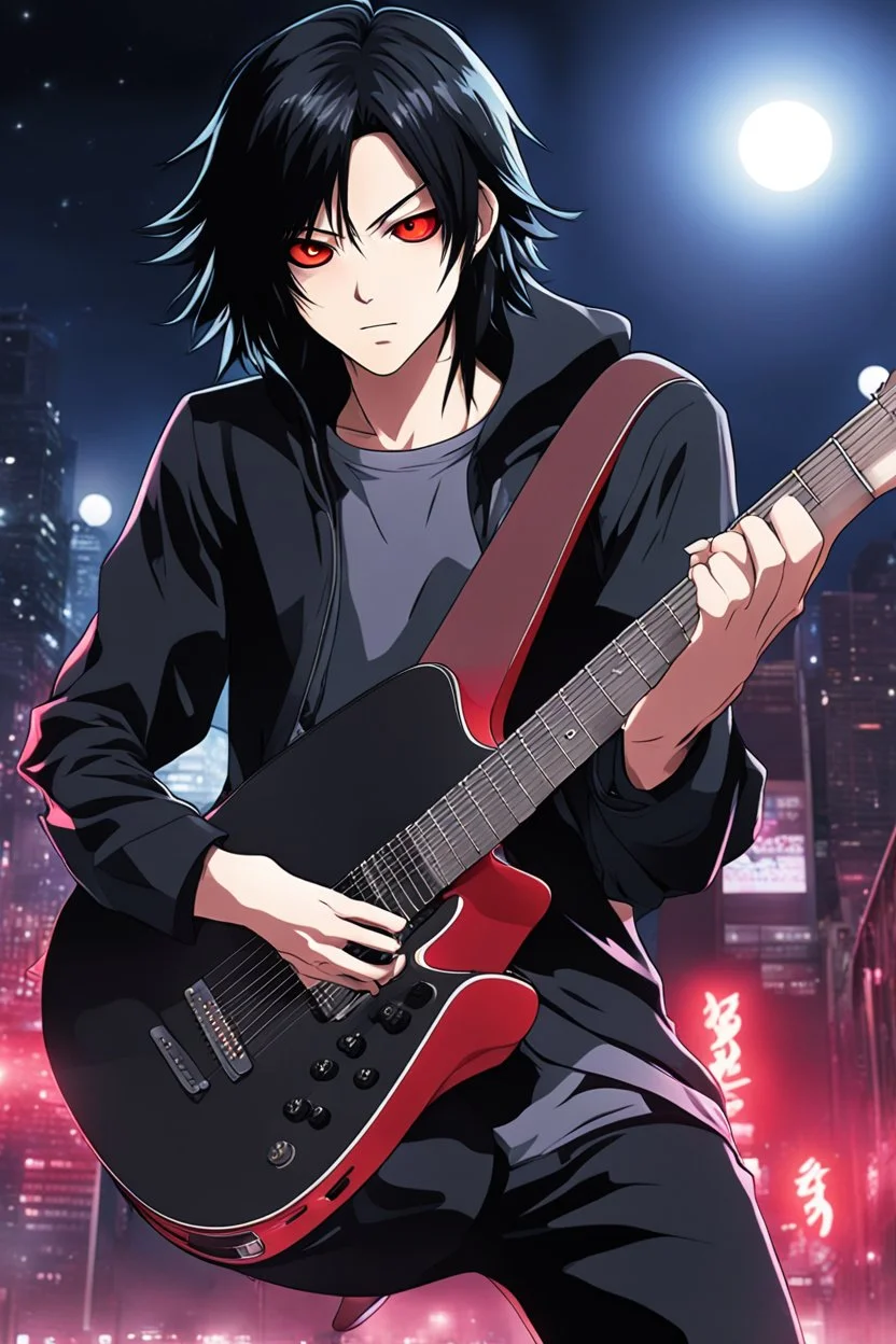 A 30 years old male guitarist playing guitar at a midnight concert, red creepy alien eyes, black hair, athletic build, correct hands, in the style of manga "Rosario+Vampire"