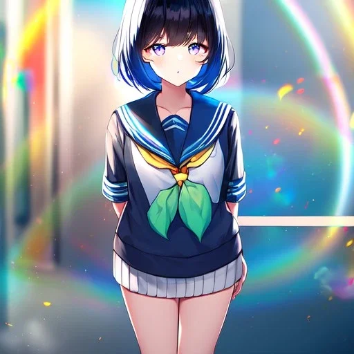 Clear focus,High resolution, Black and Rainbow short fluffy hair, and rainbow eyes, wearing a sailor uniform, must wear a short skirt with a horizontal line, you can only see her from the back, putting on sweater midway