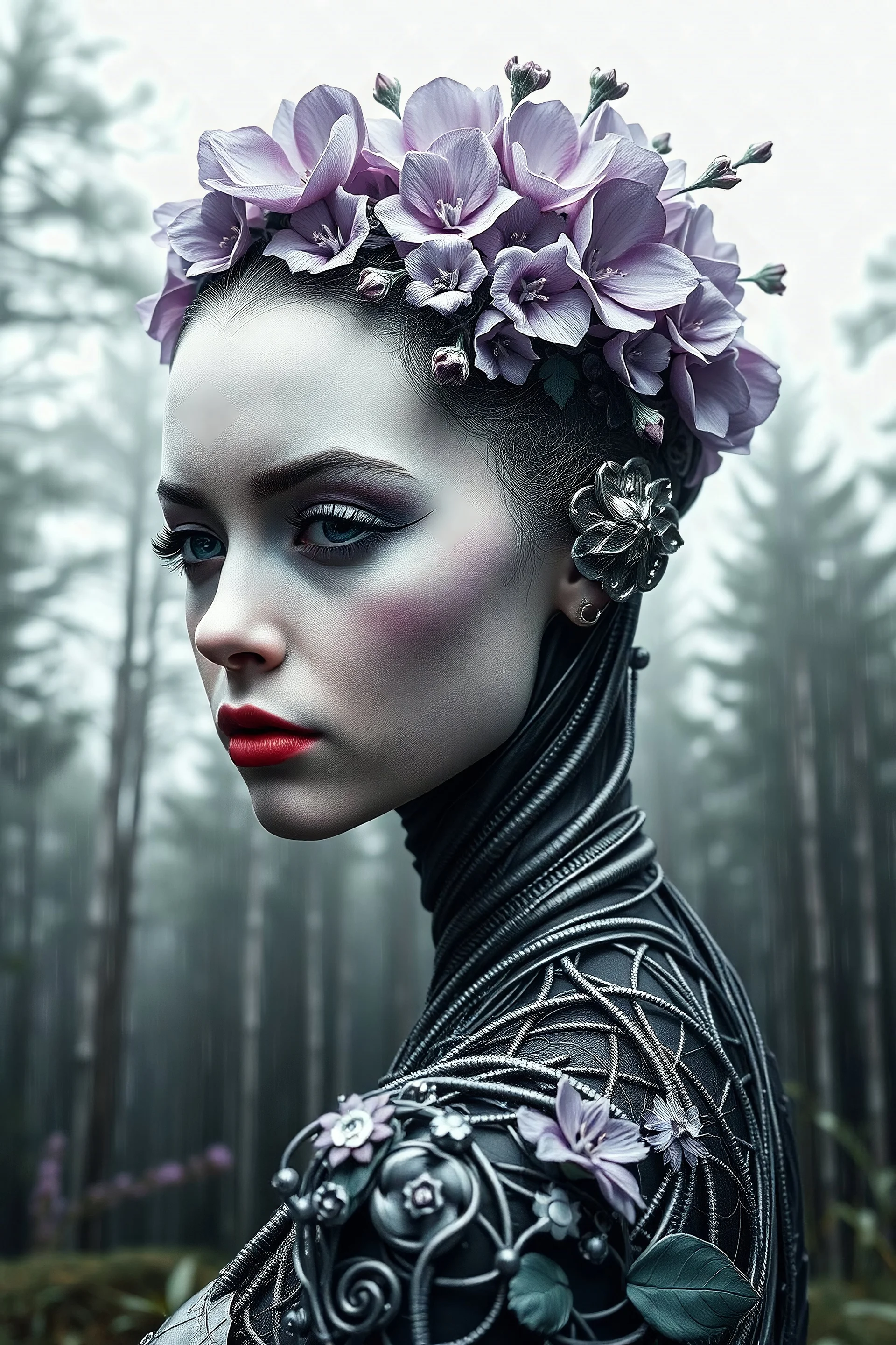 beautiful cyborg behind her on a black forest background, floral beauty, super detailed face, on a forest and rain background, professional photo, 4k, high resolution, high detail, close-up, octane, body art, patterns, lavender color, white background, silver wire, artistic elven fantasy, filigree, dark botany, ultra detail, HDR