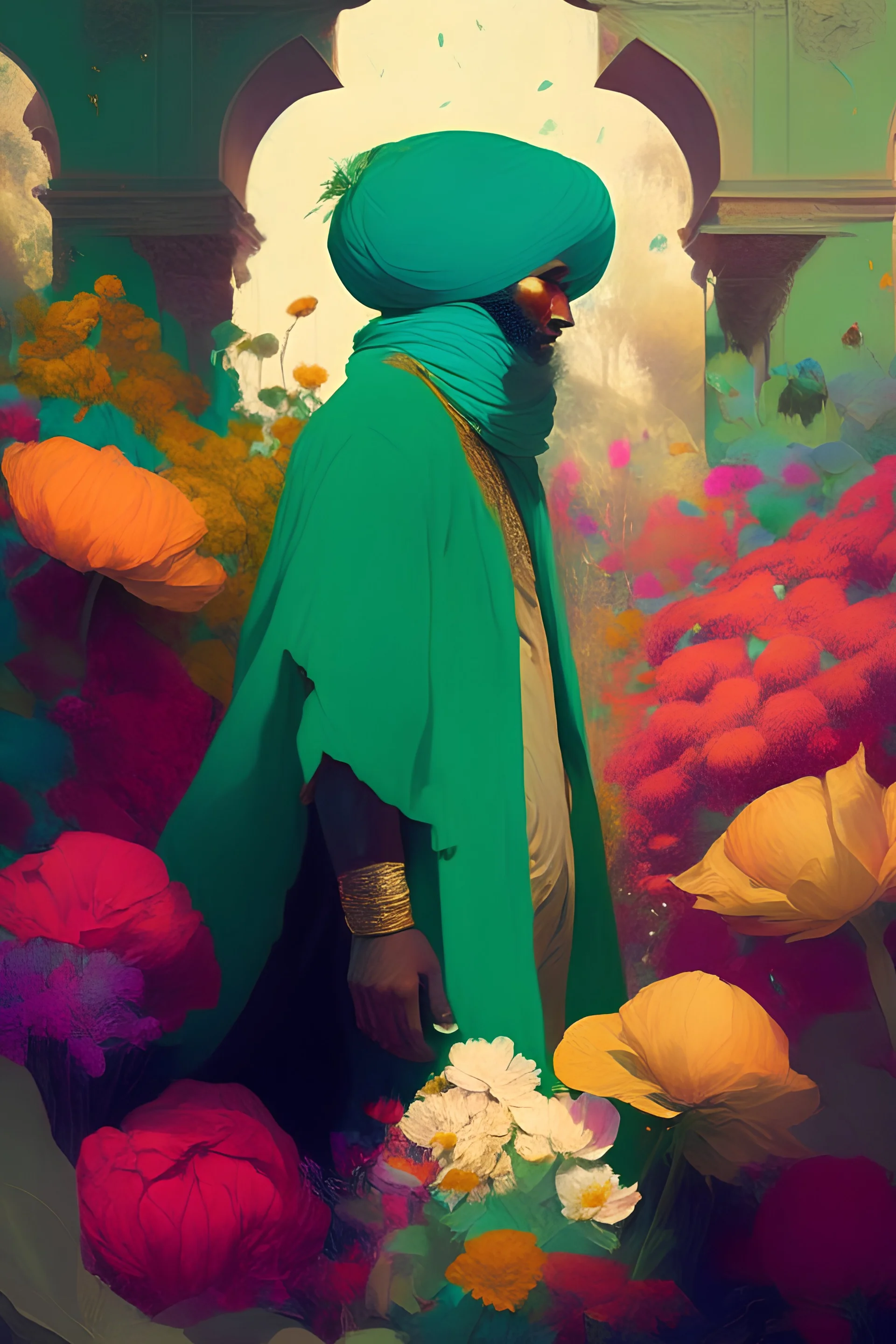 A place filled with colorful flowers, in which a man with a turban and a green cloak stands