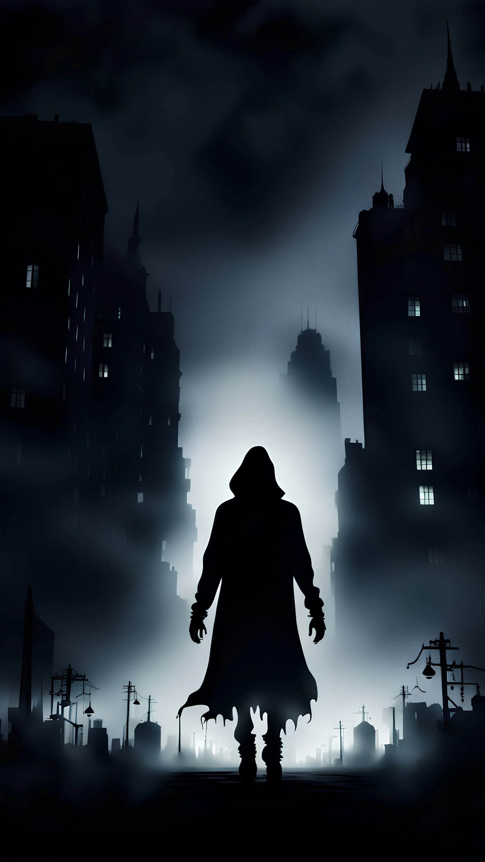 scary black silhouette in black haze in the air against the backdrop of night buildings in the style of a horror film, eerie atmosphere