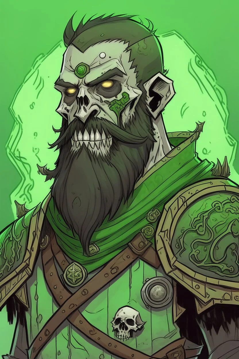 a anime drawing of a green zombie with a beard and scars, in medieval armour