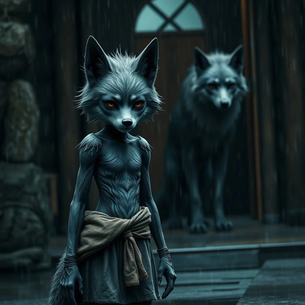 a short, thin sad young anthropomorphic wolf female in gray hairbody and wears a little with cloth around the waist stands in front of the camera in rain, a larger anthropomorphic wolf stands behind the door in a wooden house, dark colors, sharp focus, rainy day, high contrast, high detail, atmospheric, dark fantasy, sci-fi