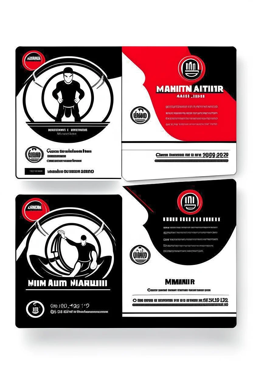 business card layout for a gym instructor, red and black, vector art with gym mechines, white background with email, address, phone number and Instagram icons