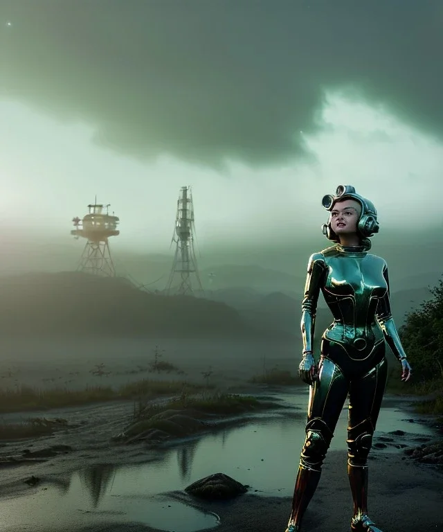 Ultra Realistic retro sci-fi 1960 scene, waist up view portrait, blonde woman, sweet young Marilyn Monroe face, perfect iris, tight latex coat, Strange planet background, Retro sci-fi style helmet, fog, rain, soft color, highly detailed, unreal engine 5, ray tracing, RTX, lumen lighting, ultra detail, volumetric lighting, 3d, finely drawn, high definition, high resolution.