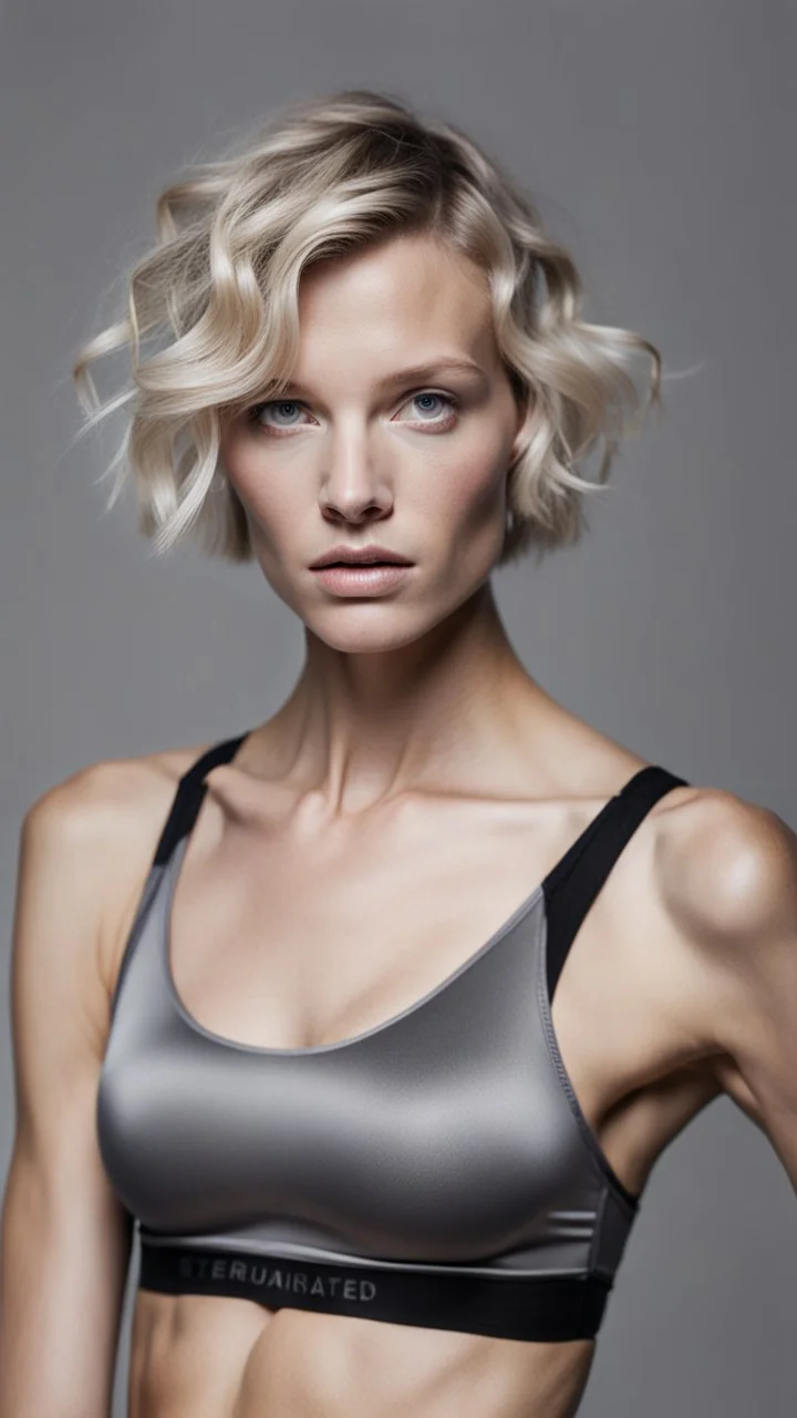 photography of a beautiful anorexic woman, grey satin sports bra, sports illustrated, blond short wavy bob haircut, pronounced sternum, grey running leggins