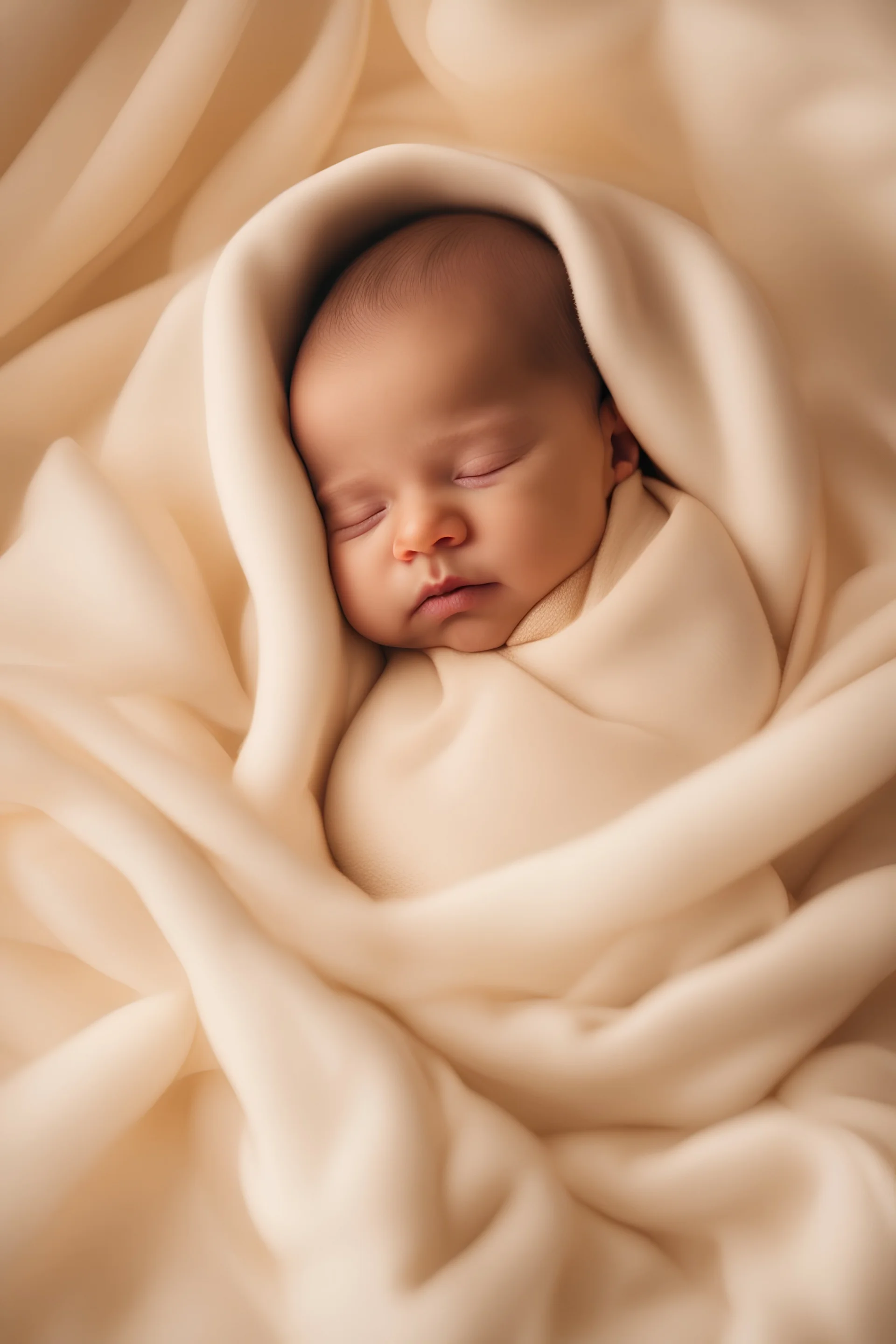 Ultra realistic 4k detailed A newborn baby sleeping peacefully in a soft, white blanket, surrounded by a warm, golden light. . 64k, hyper quality, dynamic lighting