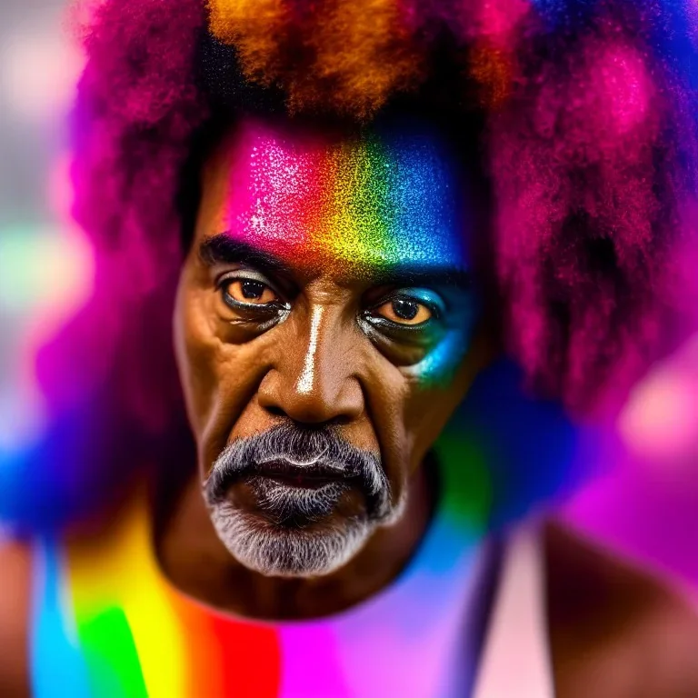 older man, fourty years old, masterpiece, best quality, family of three, ebony skinned, sparkling eyes, fluorescent skin, colorful makeup, afro, highly detailed body, afrofuturism, scifi, sun light, 4K, RAW, depth of field, high contrast, realistic details, 24mm