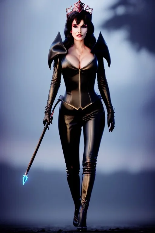 painting of lisa ann as evil queen in black leather pants, , leather, angry, stern look, volumetric lighting, particales,highly detailed,cinematic, deep colours,8, highly detailed, digital painting, artstation, concept art, smooth, sharp focus,