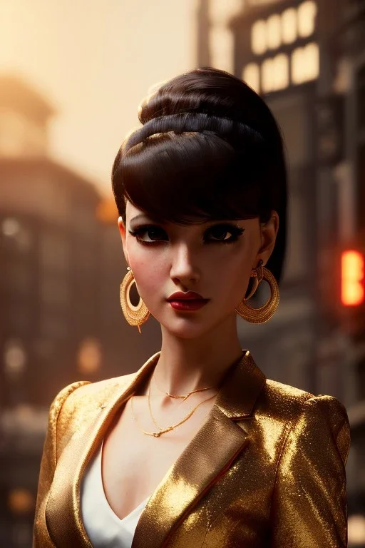 Young business woman, dark orange eyes, dark brown hair, elegant hair, thin lips, gold hoop earrings, waist up portrait, 8k resolution, intricate details, ornate details, soft lighting, vibrant colors, retroanime, masterpiece, realistic, intricate eyeliner, dark eyeshadow, eyes,futuristic cityscape background