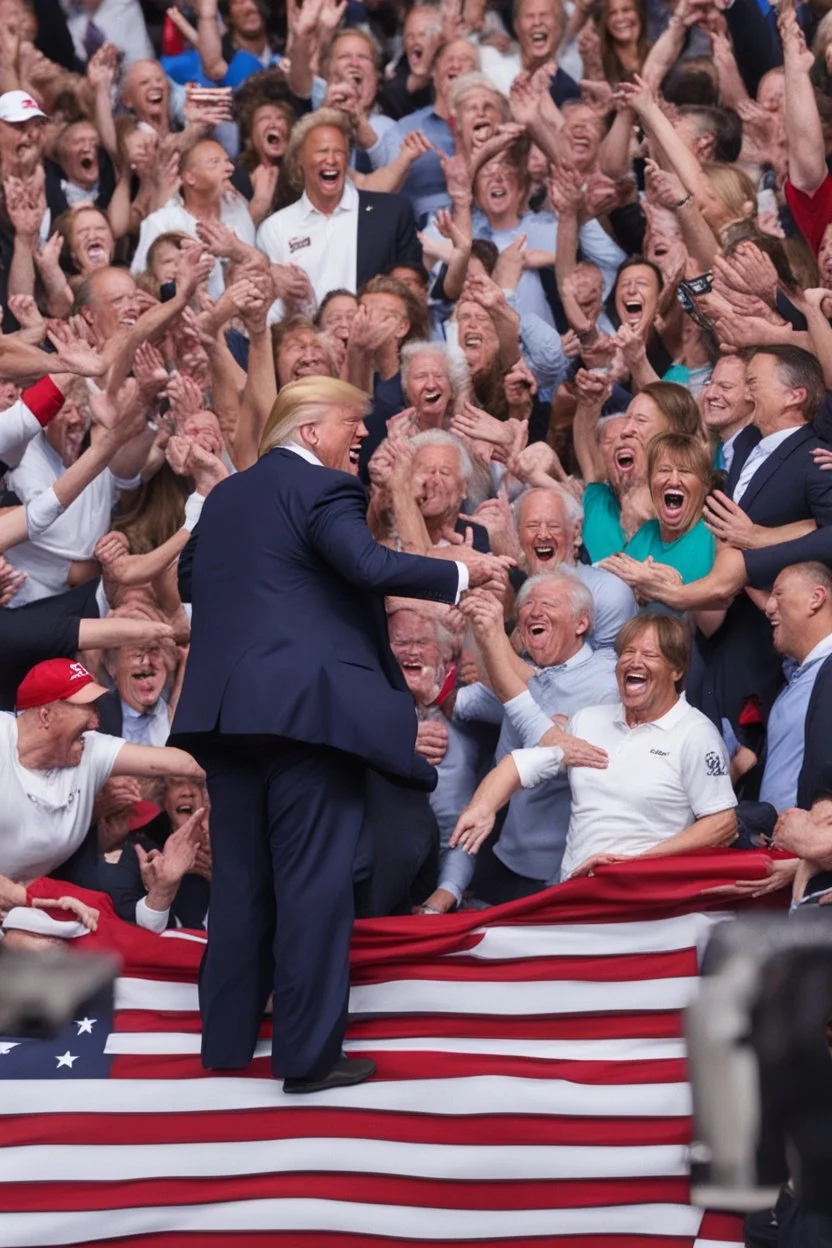 donald trump maniacally laughing while people kneel before him