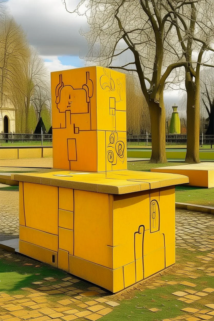 A yellowish orange colored blocky park with magnets designed in native American petroglyphs painted by Maurice Utrillo