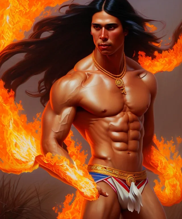 native american warrior, long black hair, dancing on top of fire, big muscles, loincloth, shirtless, 8k resolution concept art portrait by Greg Rutkowski