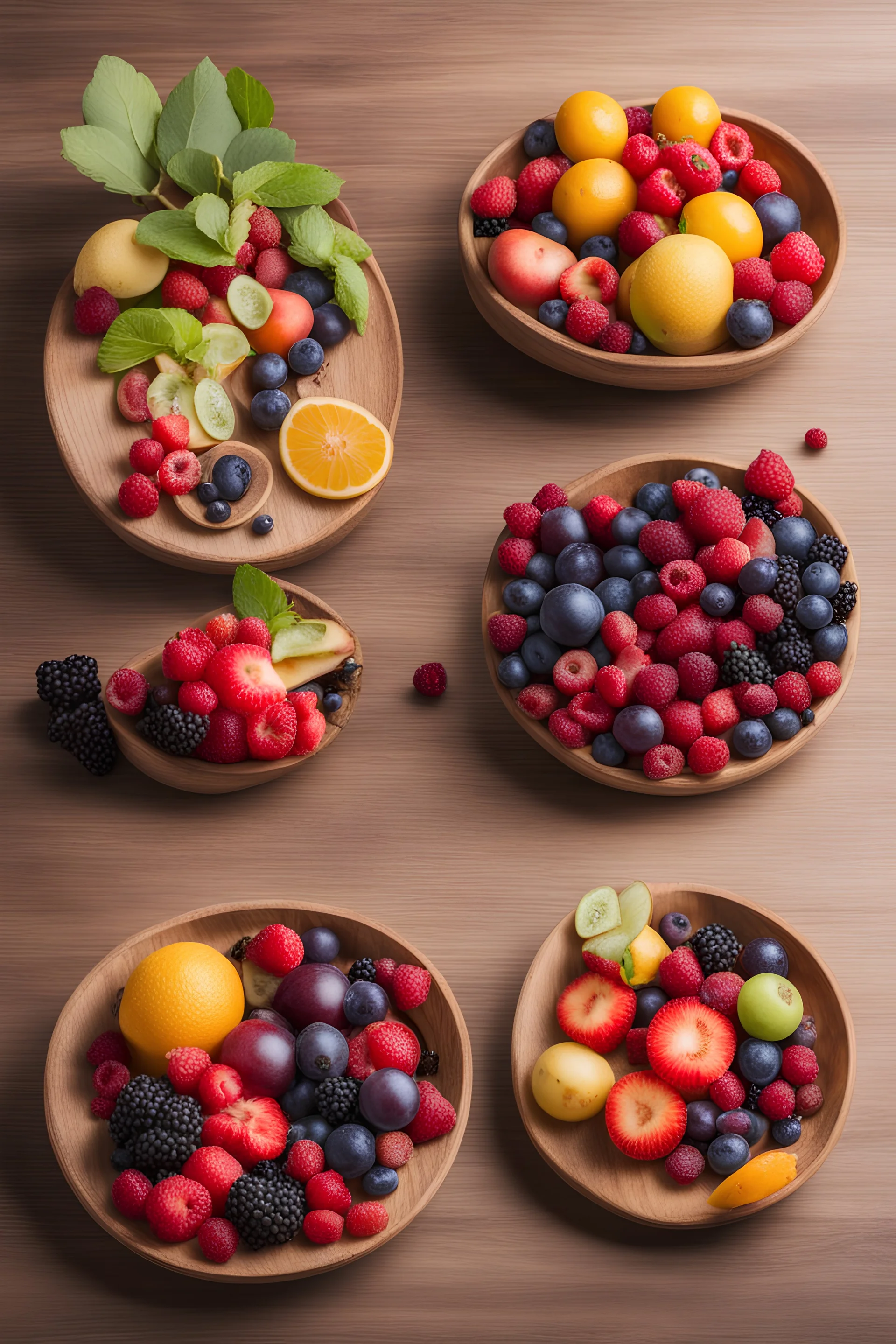 Set of summer fruits and berries in wooden serving.