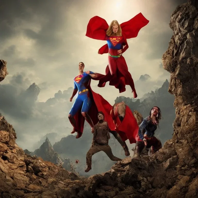 zombies climbing a mountain and a female pig with superman cape on top, realistic, movie style