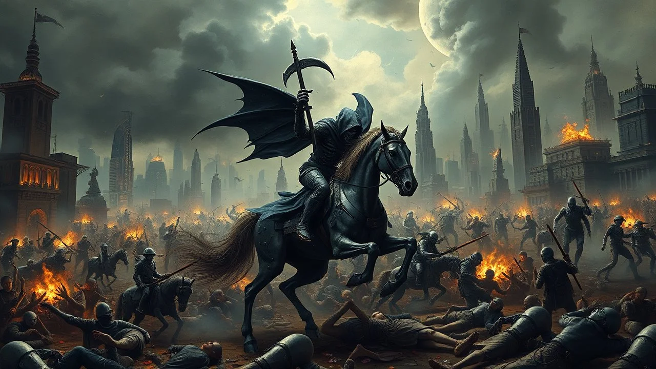 A chaotic cyberpunk interpretation of Bruegel's "The Triumph of Death", capturing the harvest of humanity. A vast, dystopian metropolis under a toxic smog sky, where cybernetic grim reapers are executing a digital and physical harvest. Many of humans and transhuman citizens killed are overwhelmed by an army of cyber skeletal warrior androids, fight with humans, panicking people, bodies lying on the ground. In the foreground a cyber-death warrior in black hood on mecha-horse