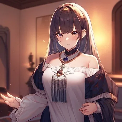 Clear focus, High resolution, [1girl], [solo], {cute art style},{in bedroom},{{{ultra detailed}}},{{masterpiece}}, {{ultra detailed}}, {ultra quality}, {dramatic shadows}, {cinematic lighting}, intricate expression,(wearing a off-shoulder maid outfit),({{{Close up of eye}}},(Medium length brown hair, kinda purple, fluffy, hair between eyes)