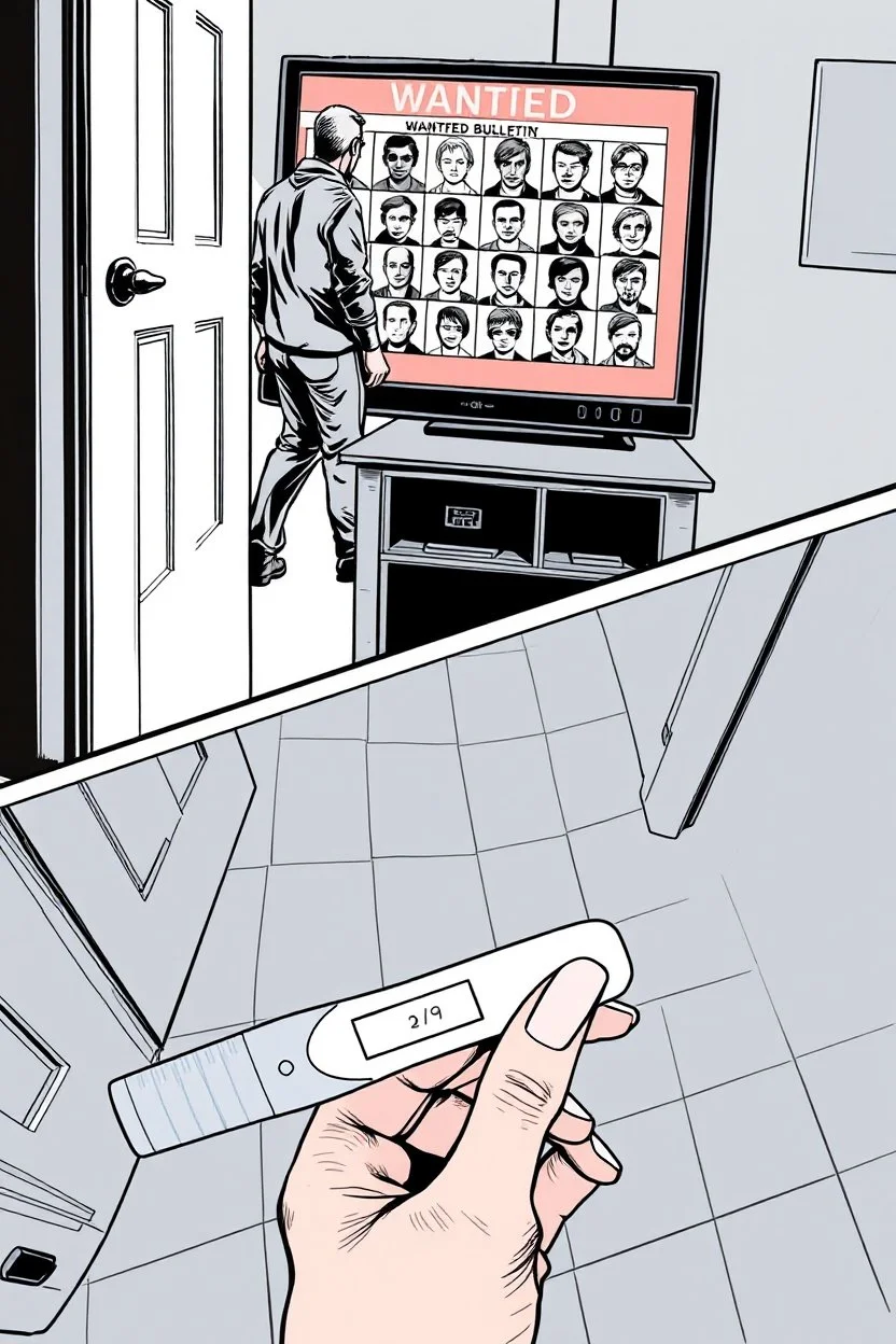 uncolored comic book page: top panel(higher over the shoulder camera perspective of a man on his way out the door sees a television on which a bulletin of wanted criminals mugshots appears), bottom panel(pov a woman's hand with acrylic nails holding a pregnancy test that shows a positive result, tile floor below), panels divided at a 30 degree angle