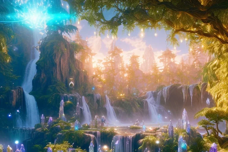  white and gold crystal cosmic ambiance，waterfall, full of details, smooth, bright sunshine，soft light atmosphere, light effect，vaporwave colorful, concept art, smooth, extremely sharp detail, finely tuned detail, ultra high definition, 8 k, unreal engine 5, ultra sharp focus