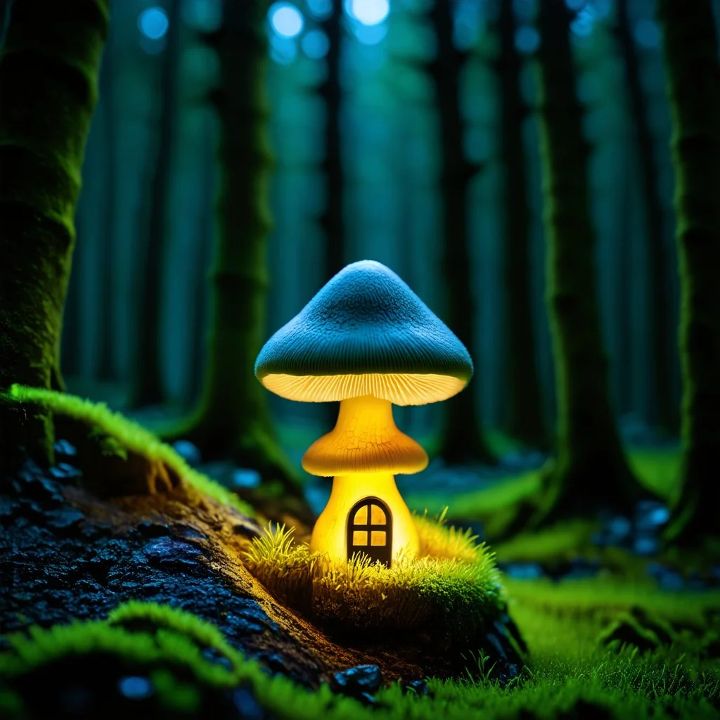 "Close up of a wonderful tiny Mushroom Tower home. Yellow and green with bright white, deep black and contrasting tones of gray. Illuminated bioluminescent forest. Professional painter, master at composition. small but detailed. broken, blurred background, voluminous lighting"