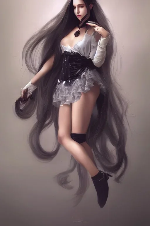 Beautiful perfect perfectly centered photorealistic lady long hair, shiny metallic silver hair, multi-hued French maid outfit full-body portrait by Greg Rutkowski, medium shot