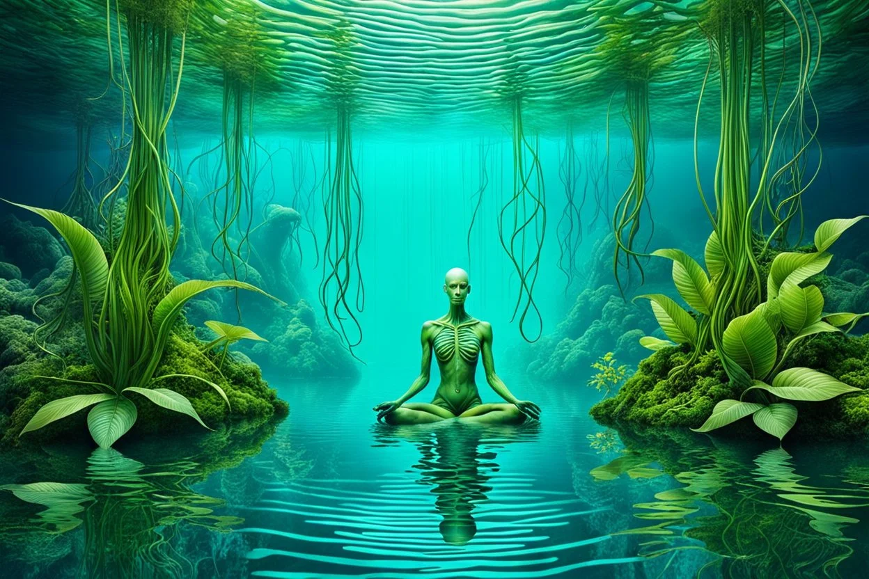 Ecological Art, plants, floating earths, long leaf tendrils, green colors and shades, in blue waters full body beauty mitical human-plants mutant meditates in stunning alien flora , cinematic, mistic mood