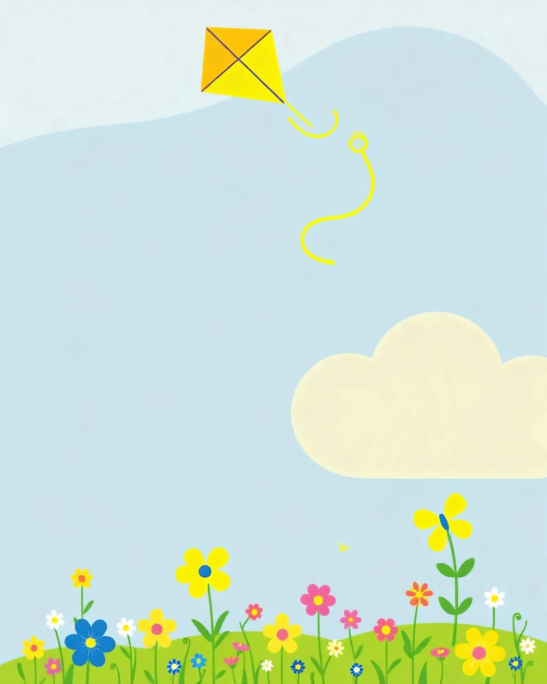 A design in blue, yellow, and green with some flowers and butterflies at the bottom of the image and a kite at the top of the image for a kindergarten.