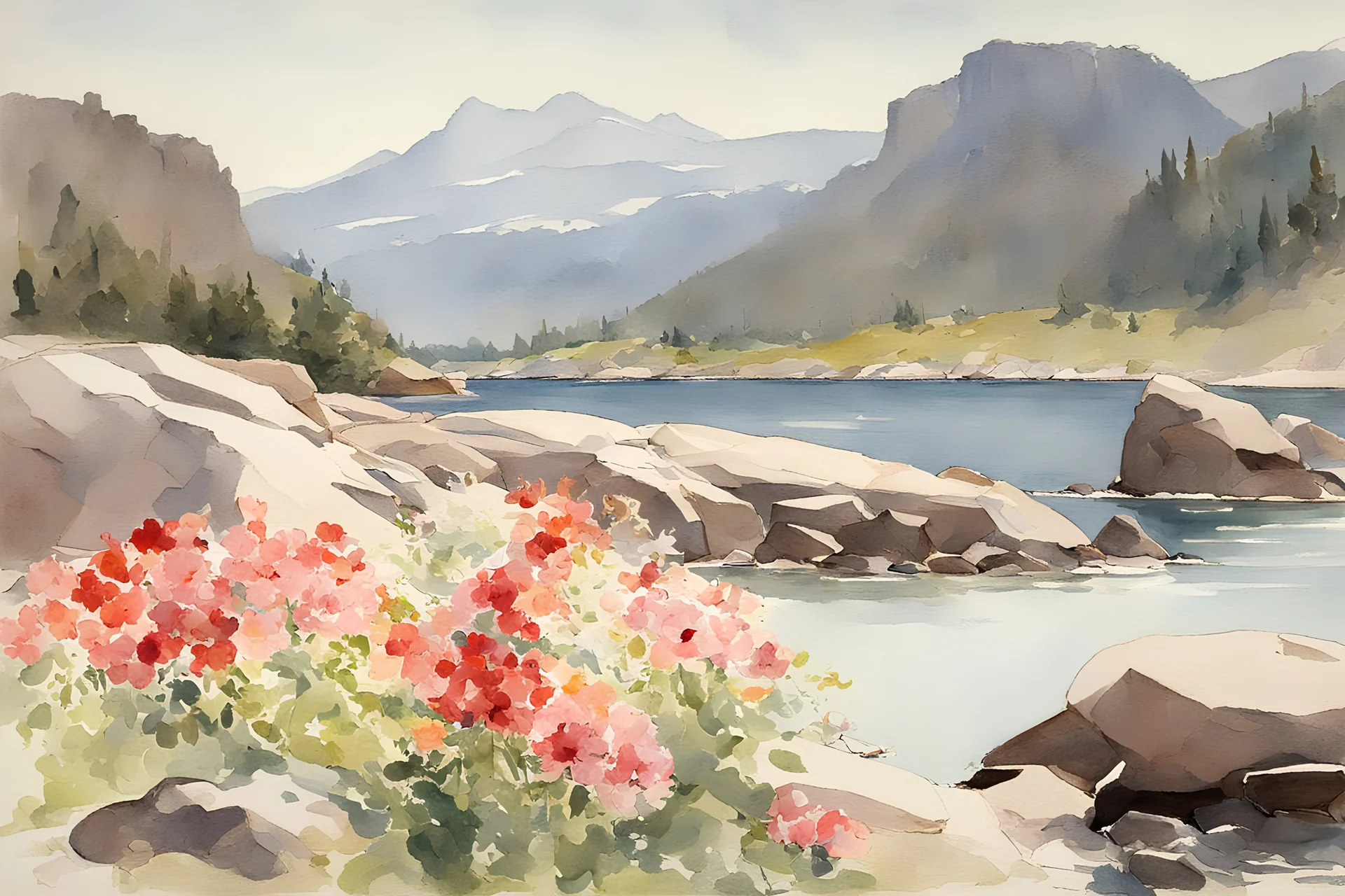 Sunny day, spring, flowers, rocks, mountains, epic, winslow homer watercolor paintings