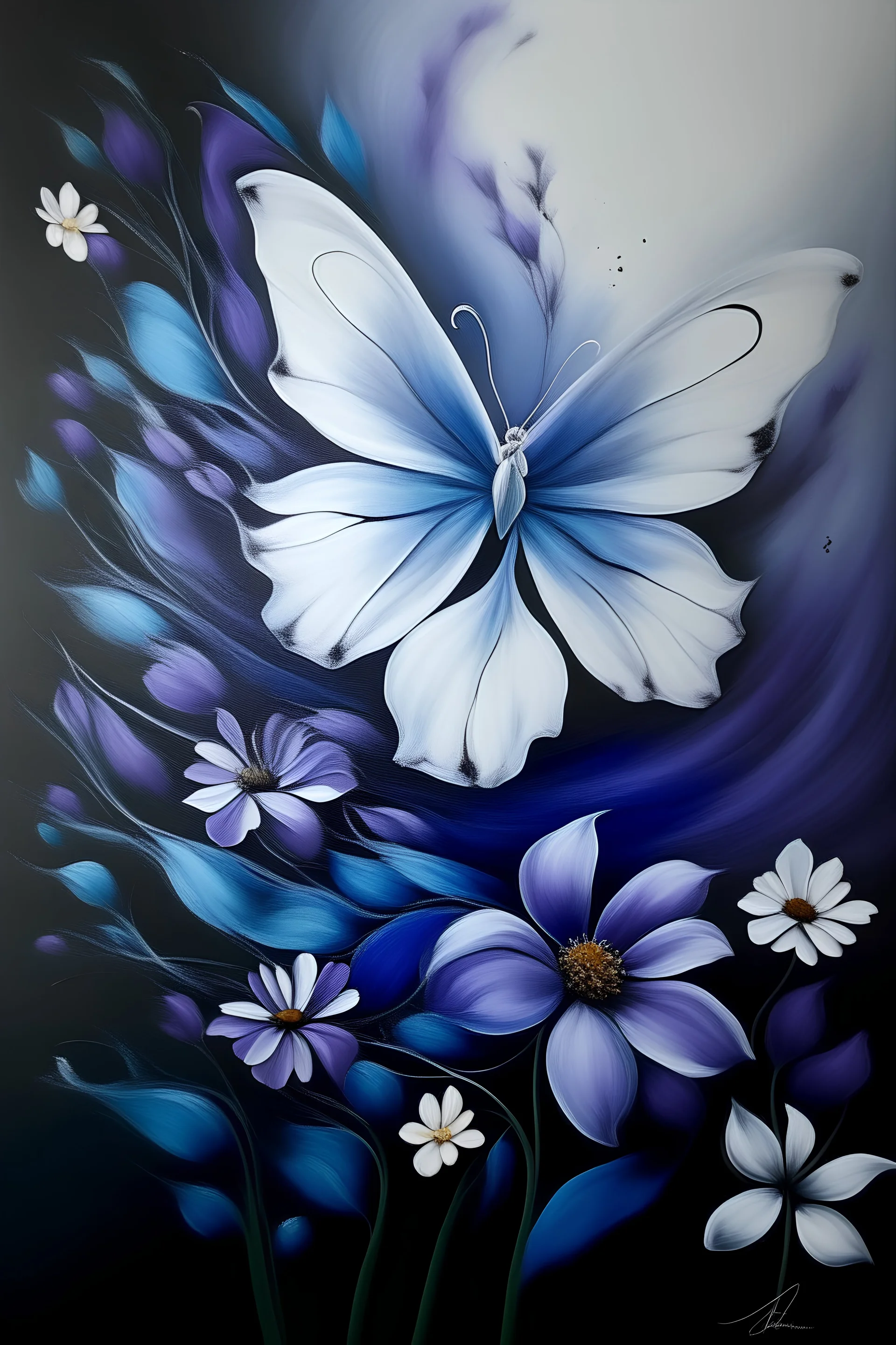 painting of one flower in the middle going up with butterflies around it in the very center back ground white main color purple