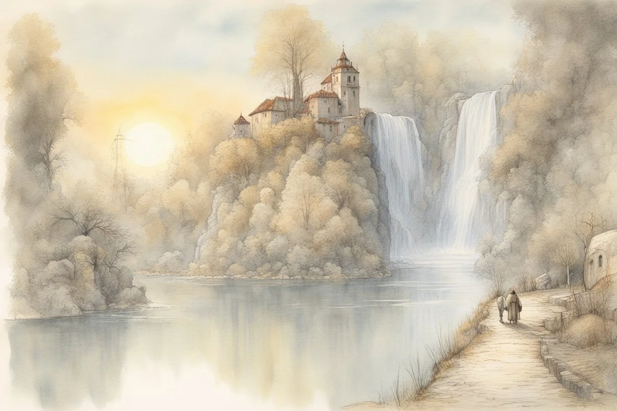 Szentendre, by Jean-Baptiste Monge, waterfall, reflection, sunrise, Misty morning smooth intricate high definition beautiful lighting pencil sketch watercolor polished warm light LNF double exposure S<AI watercolor and ink, intricate details, fantasy, beautiful, award winning, colorful, fantastic view, crisp quality, in sunshine