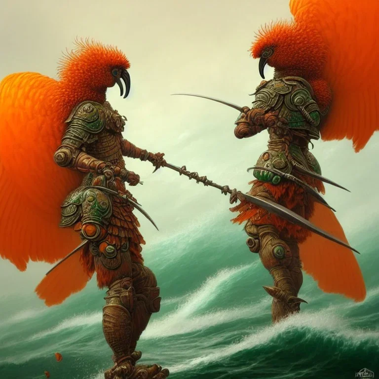 an ibis warrior in orange and green full battle armor, a highly detailed illustration, background of giant crashing ocean waves, realistic render, 8 k, micro detail, intricate, elegant, centered, digital painting, Artstation, smooth, sharp focus, illustration, artgerm, tomasz alen kopera, peter mohrbacher, donato giancola, joseph christian leyendecker, wlop, boris vallejo