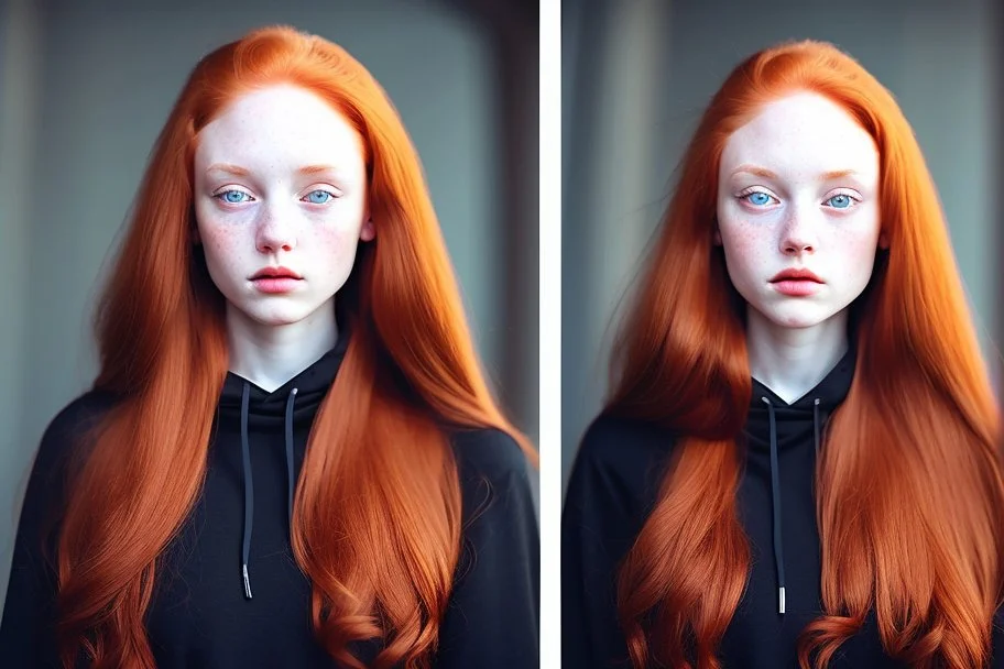 A beautiful young woman with brown eyes and shoulder length red hair wearing a black hoodie. Realistic.