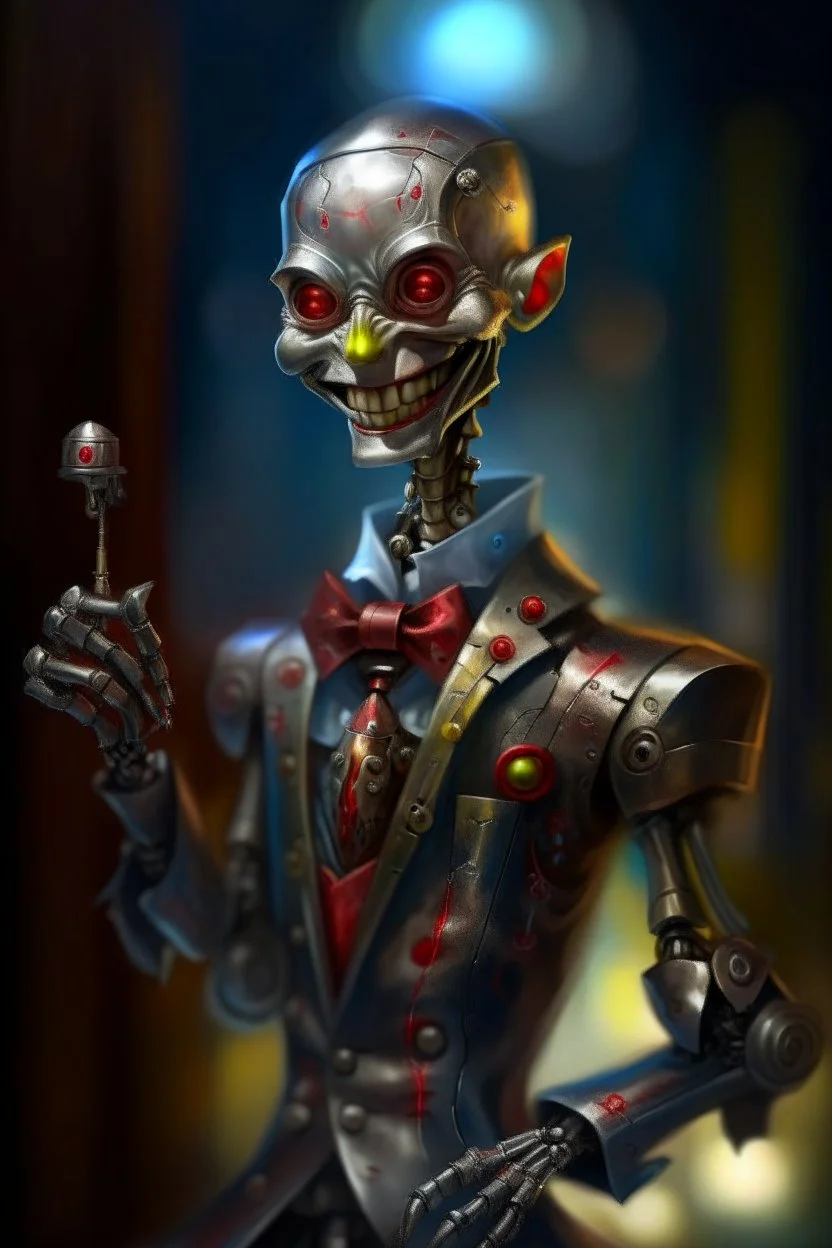 oil painting portrait of smirking robot vampire holding stiletto dagger, bokeh , high detail, smooth render, prize winning