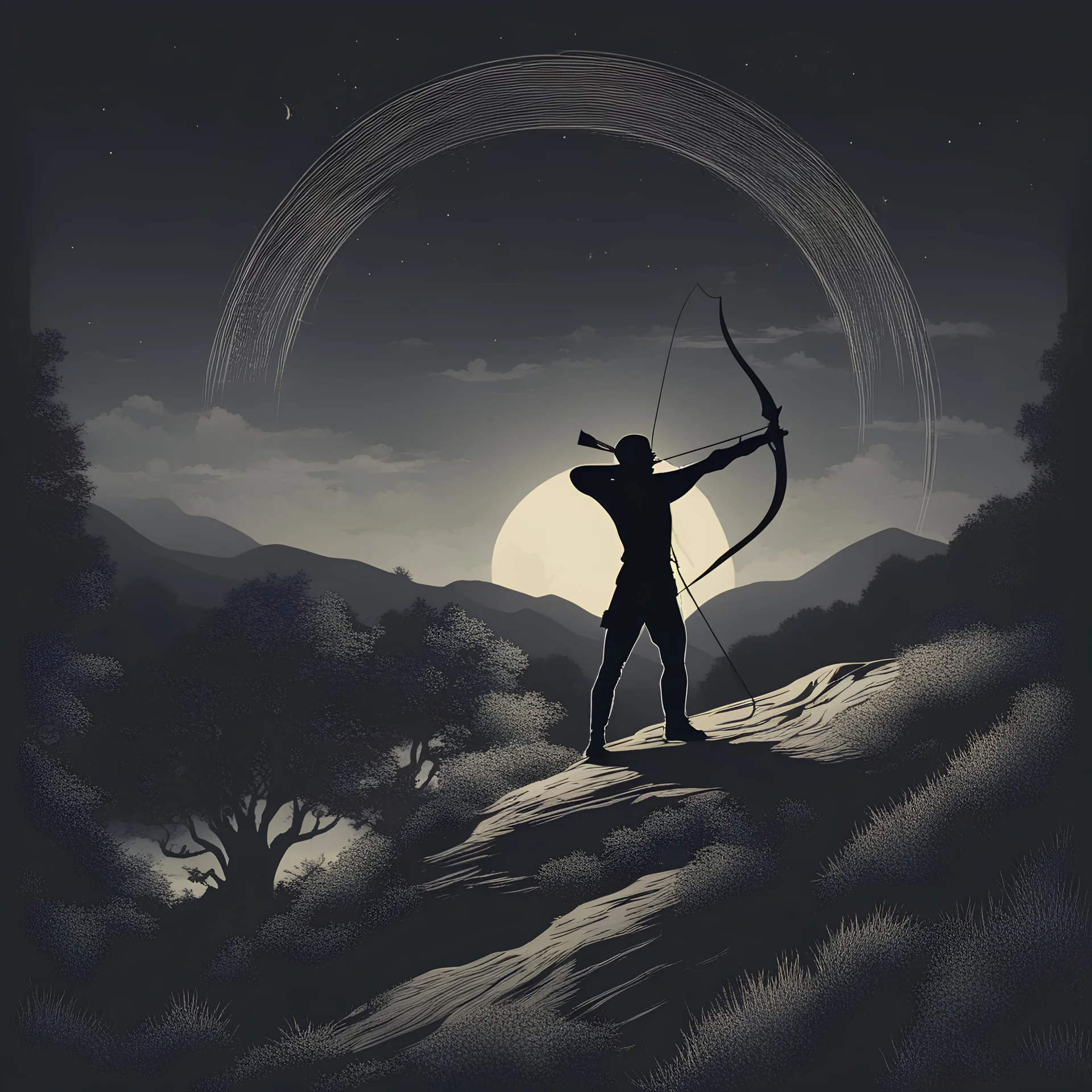 silhouette of the archer on the top of the hill, full moon is shot with an arrow, illustration