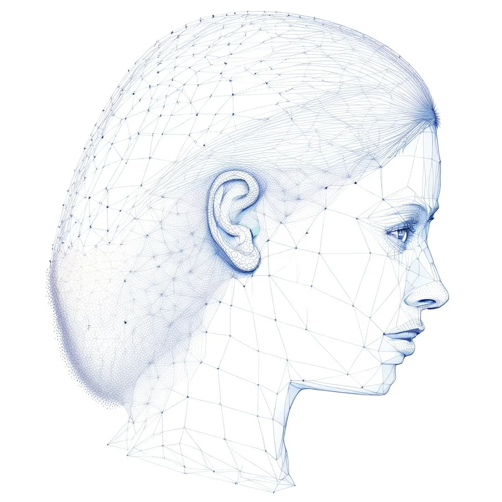 the hair follicle is drawn low poly wire frame, lines and dots